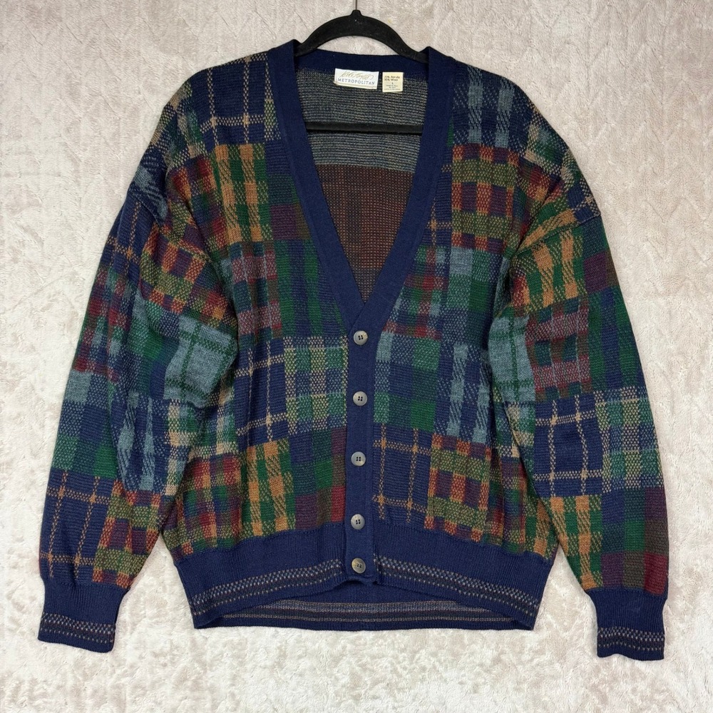 Lord & Taylor Metropolitan Mens Large Cardigan Sweater Wool Blend Plaid Italy